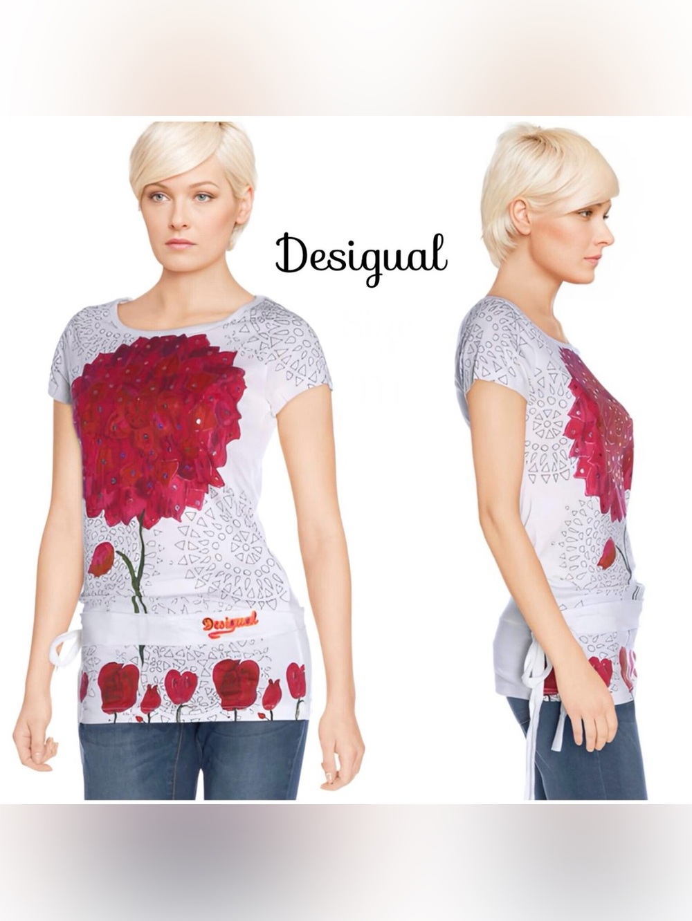 Desigual Side Tie Short Sleeve Tee Shirt With Sequin Embelished Flower
